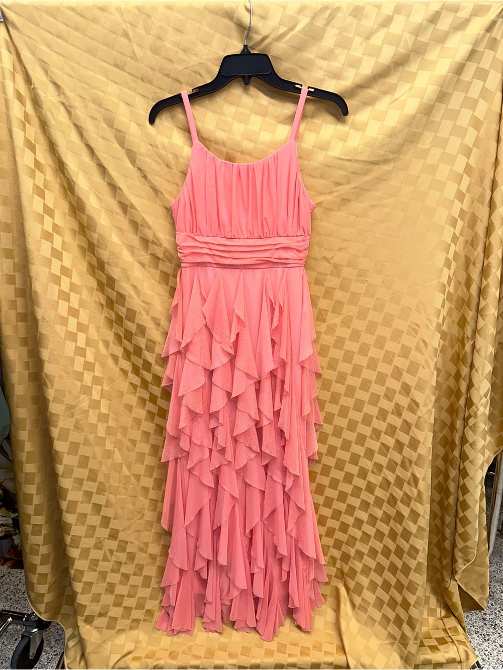 Rare Editions Coral Pink Ruffled Tiered Spaghetti Strap Dress